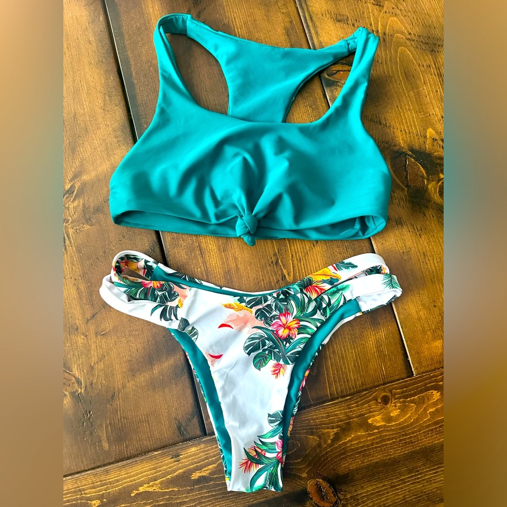 Zaful Teal and Tropical Print Bikini size Medium